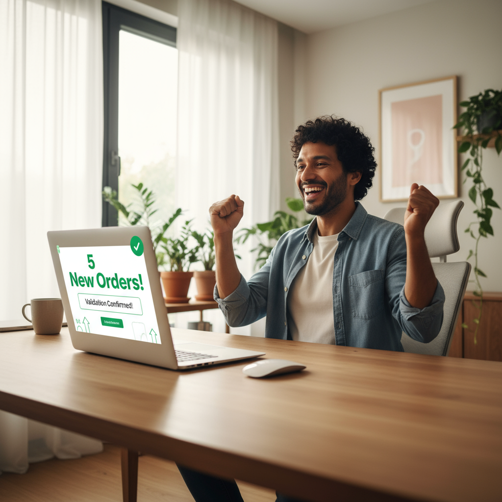 A person celebrating in front of a computer showing pre-order notifications.